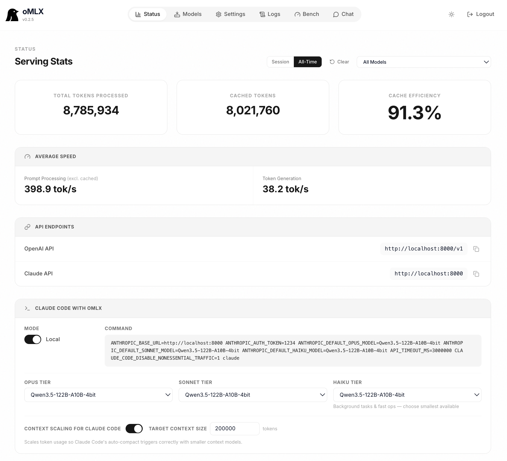 oMLX Dashboard — Light Mode